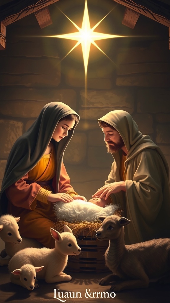 Christmas Celebration: The Birth of Jesus Nativity scene with Mary, Joseph, and baby Jesus in a stable, illuminated by a bright star.